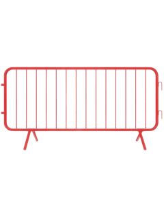 A front-facing image of a red metal crowd barrier with vertical bars and fixed angled legs, designed for temporary pedestrian or traffic control.